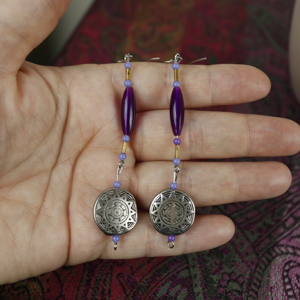 Handmade Purple/Silver Sun Mandala Dangle Earrings - Picture 4 of 4